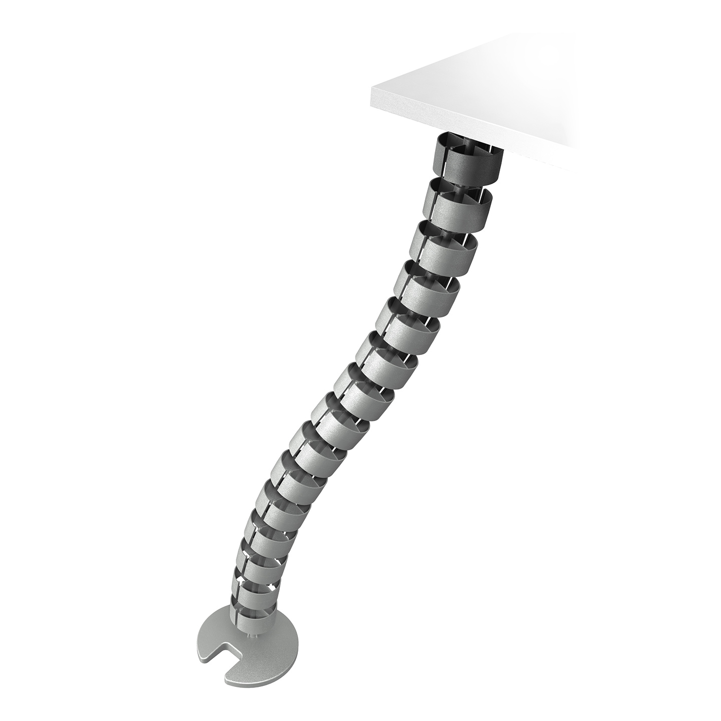 34.202 The cable worm is an attractive solution that neatly guides and bundles cables between a desk and floor. It's suitable for desks with a fixed height (74 - 76 cm) and desks with the ideal height adjustment range (62 - 82 cm). It has a weighted floor plate for added stability and to ensure it stays straight.