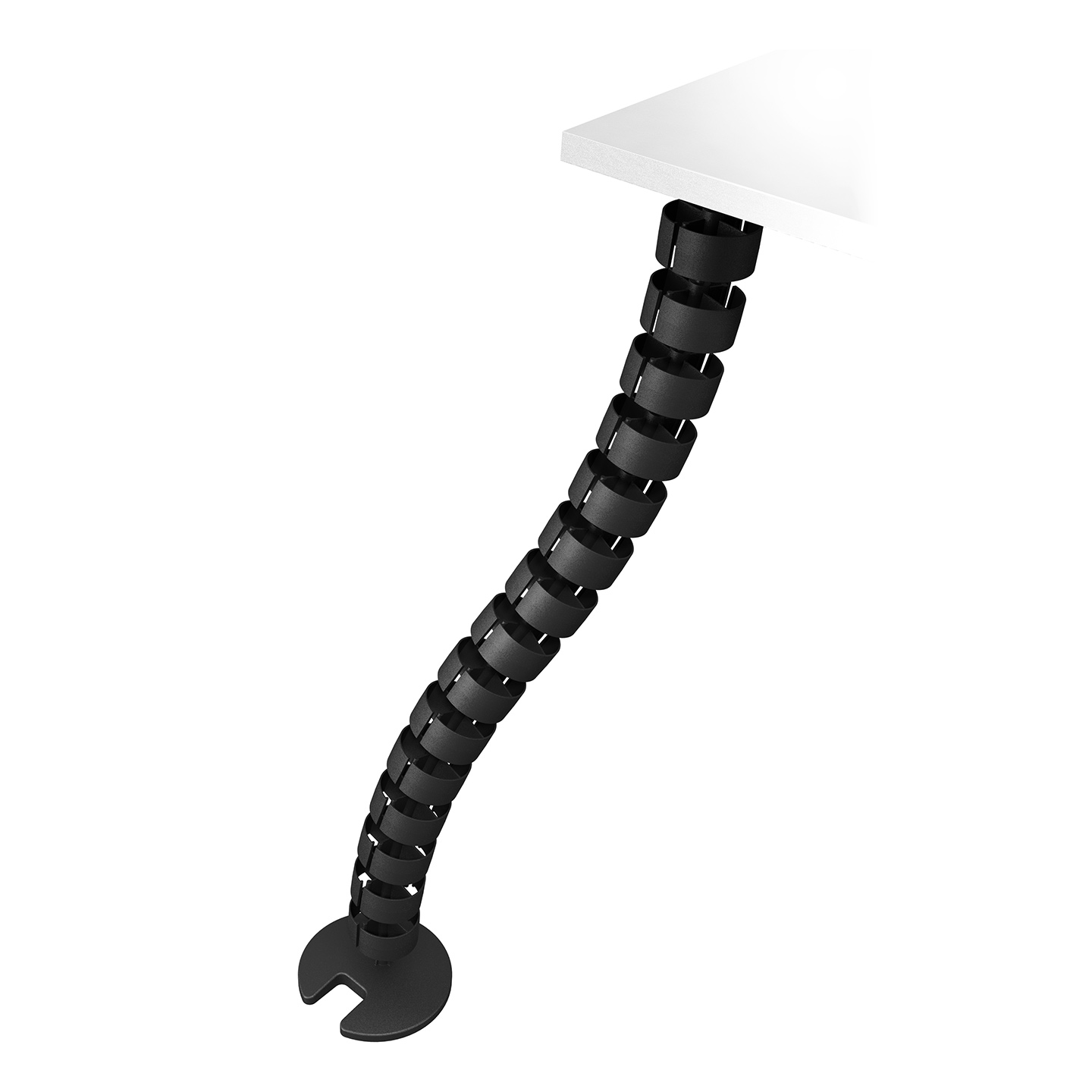 34.203 The cable worm is an attractive solution that neatly guides and bundles cables between a desk and floor. It's suitable for desks with a fixed height (74 - 76 cm) and desks with the ideal height adjustment range (62 - 82 cm). It has a weighted floor plate for added stability and to ensure it stays straight.