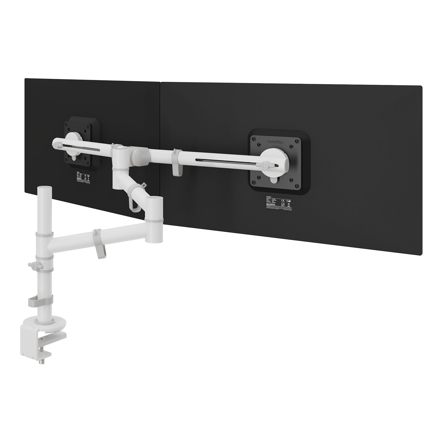 48.130 This ergonomic dual monitor arm is designed to increase both comfort and desk space. Suitable for two monitors up to 4 kg and 27 inch each. Easily position your monitors above your desk at the perfect height, angle and depth to support healthy posture and reduce clutter. With its slim yet durable steel construction, this monitor arm not only saves space but also adds a modern touch to your setup. Perfect for home and office use.