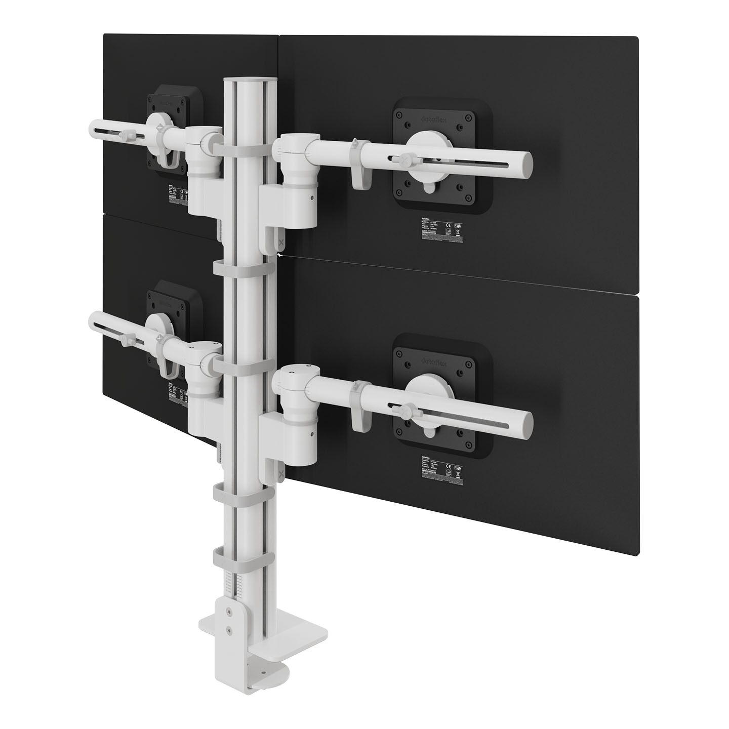 48.240 A 2×2 quad monitor mount suited for flexible workspaces and future changes. The four-slot aluminum pole allows easy, tool-free height adjustment for each screen. Monitors can be set in portrait or landscape and combined in different sizes while keeping the setup neat and balanced.
The modular design makes it possible to adapt the configuration over time. Components can be added or replaced when your way of working changes.