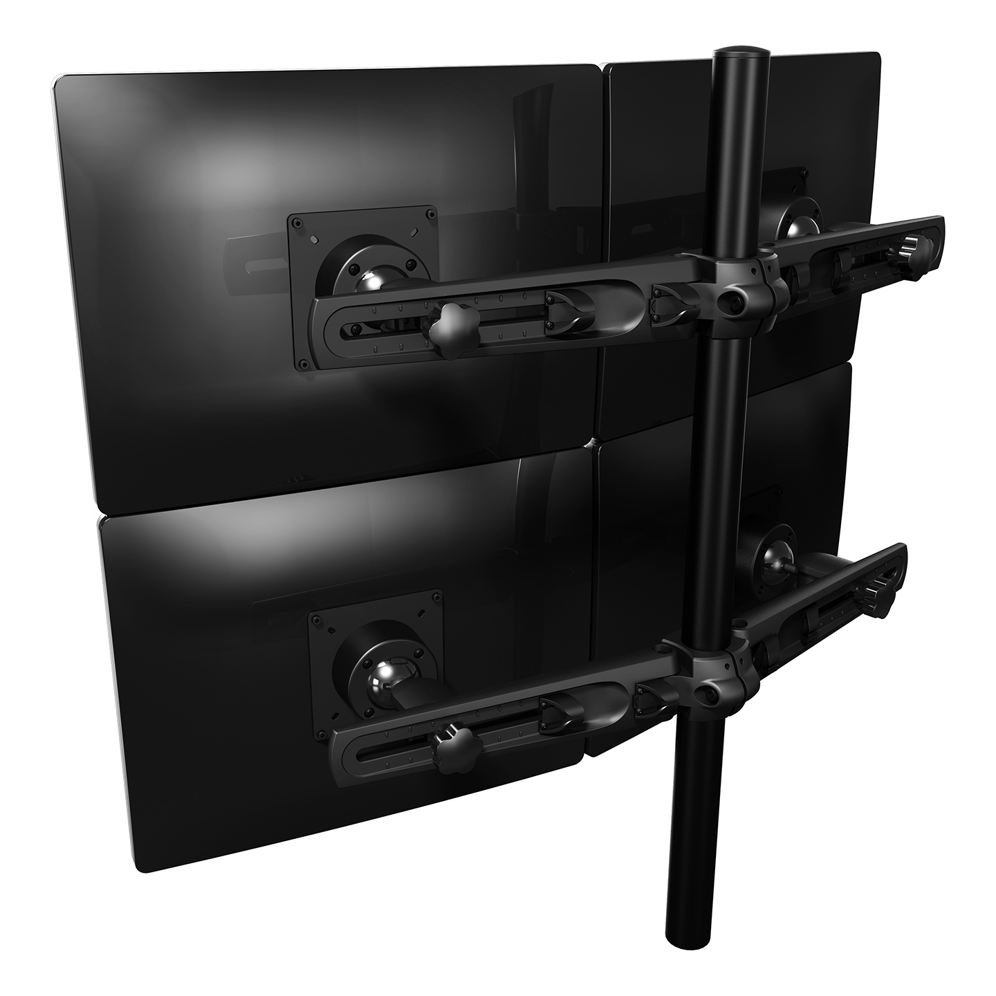53.323 This model mounts a total of 4 monitors. Like on all other winged multi-monitor systems, each monitor can be adjusted individually. Cable management in the wings tidies up all cables, resulting in an impressive, curved monitoring workstation.