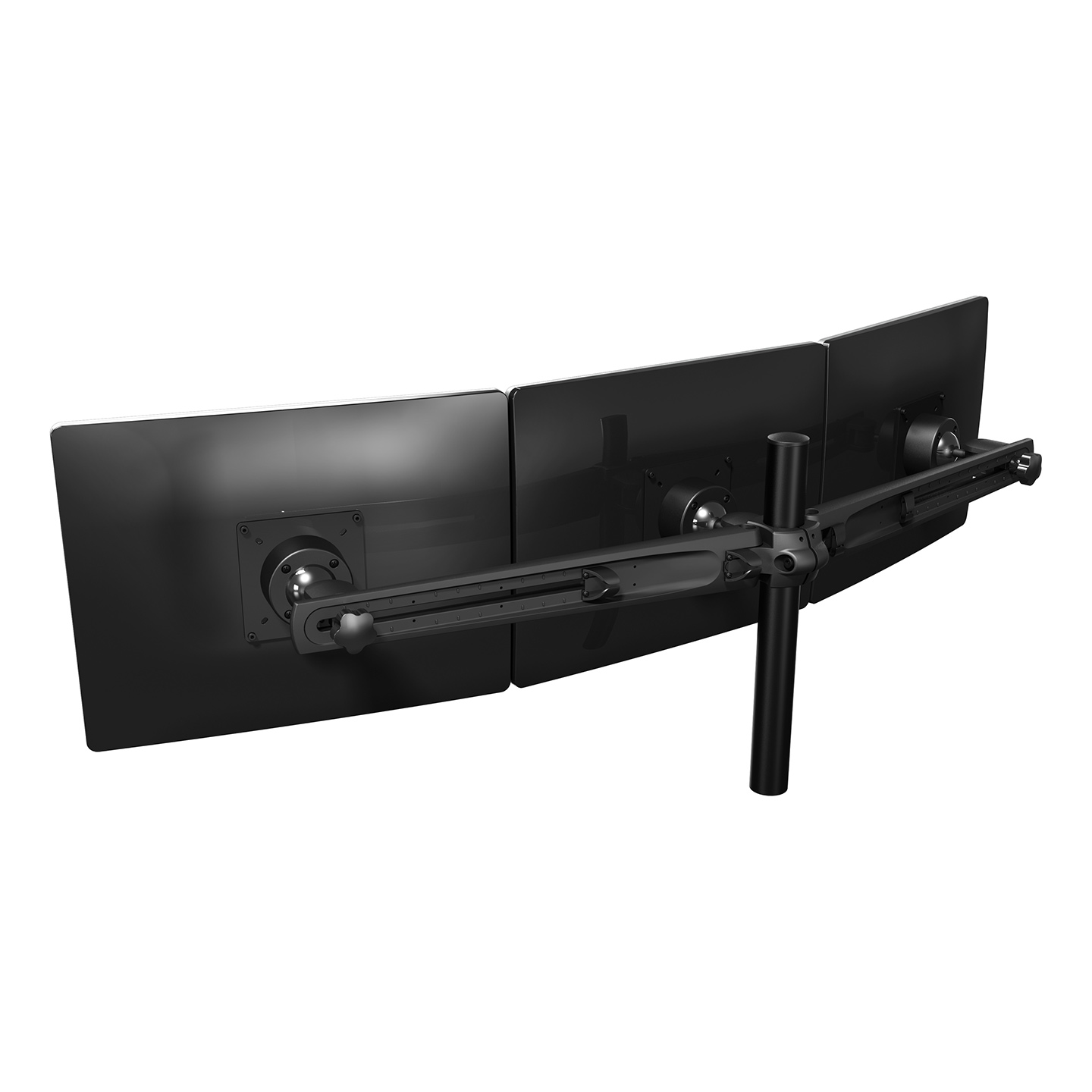 53.333 This model mounts 3 monitors. Like on all other winged multi-monitor systems, each monitor can be adjusted individually. Cable management in the wings tidies up all cables, resulting in an impressive set-up that can be either flat or curved.