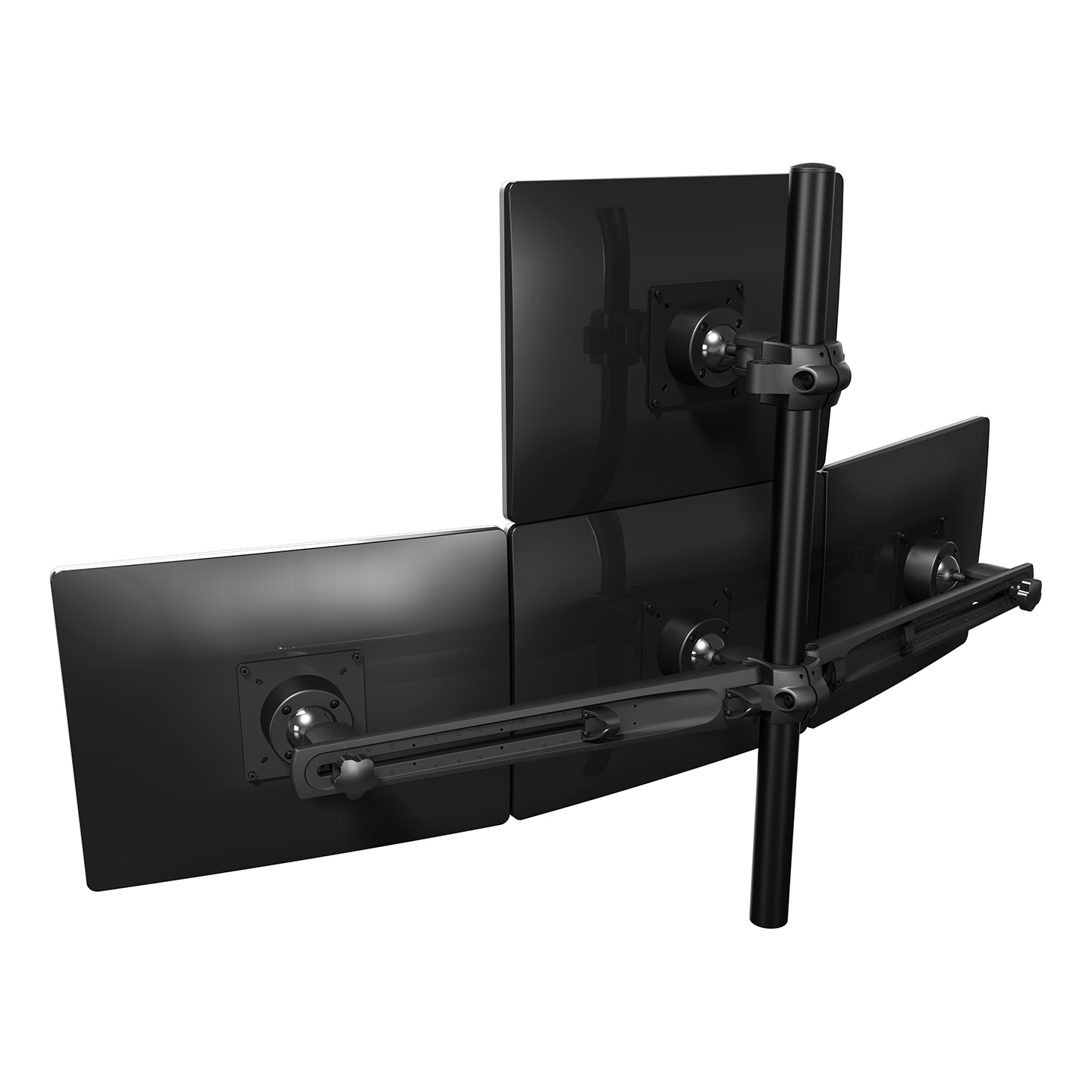 53.343 This model mounts a total of 4 monitors. Like on all other winged multi-monitor systems, each monitor can be adjusted individually. Cable management in the wings tidies up all cables, resulting in an impressive, curved monitoring workstation.
