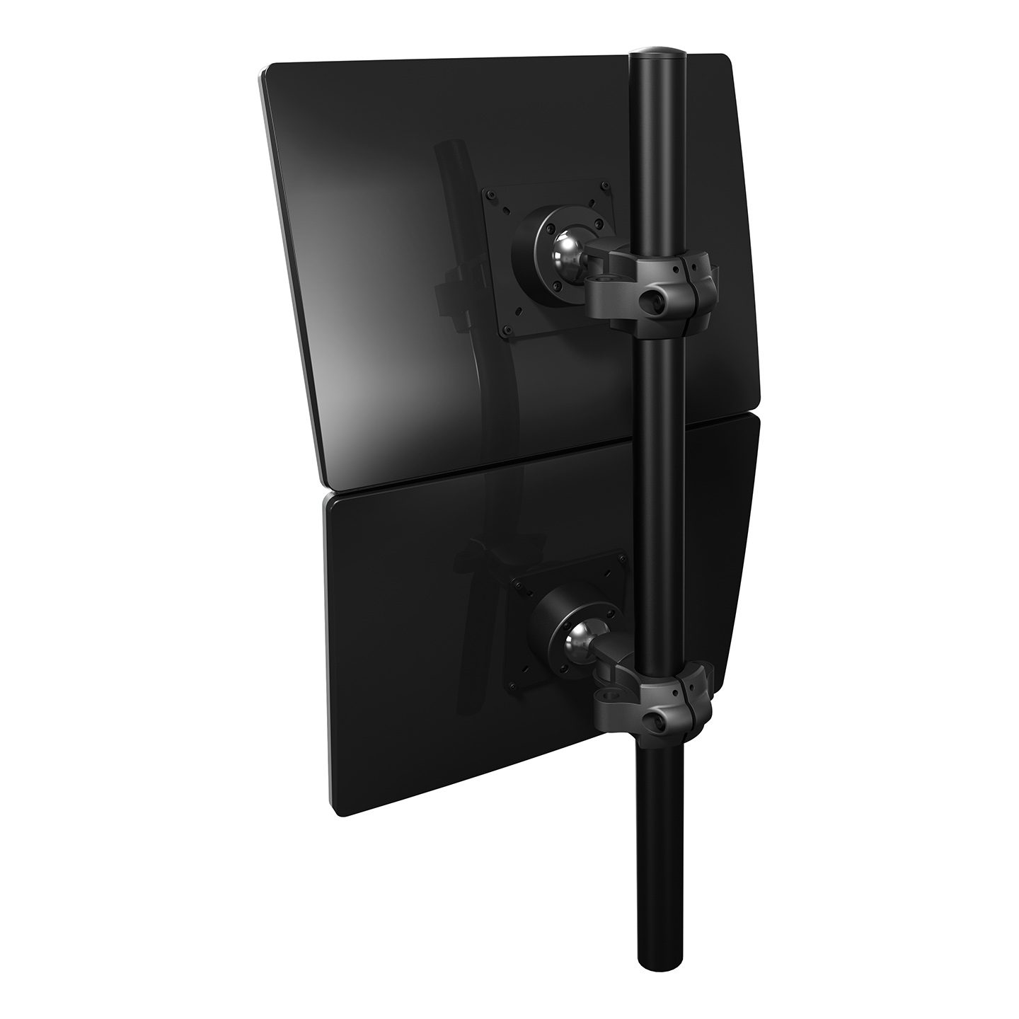 53.373 This model mounts 2 monitors. The ball joint in each monitor mount lets you adjust the monitors individually. An impressive vertical set-up that can be either flat or curved.