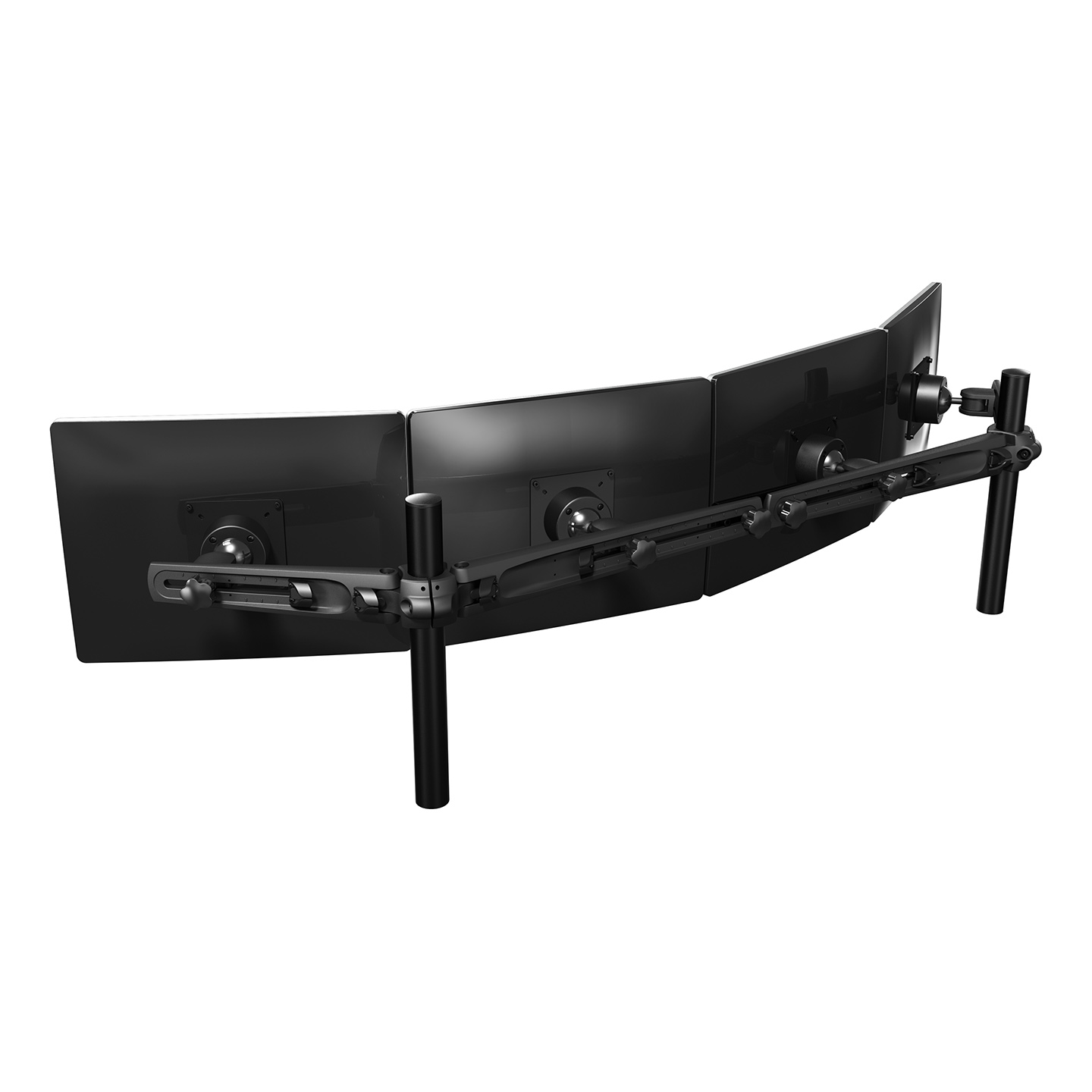53.433 This model mounts 4 monitors in a row. Like on all other winged multi-monitor systems, each monitor can be adjusted individually. Cable management in the wings tidies up all cables, resulting in an impressive, curved set-up.