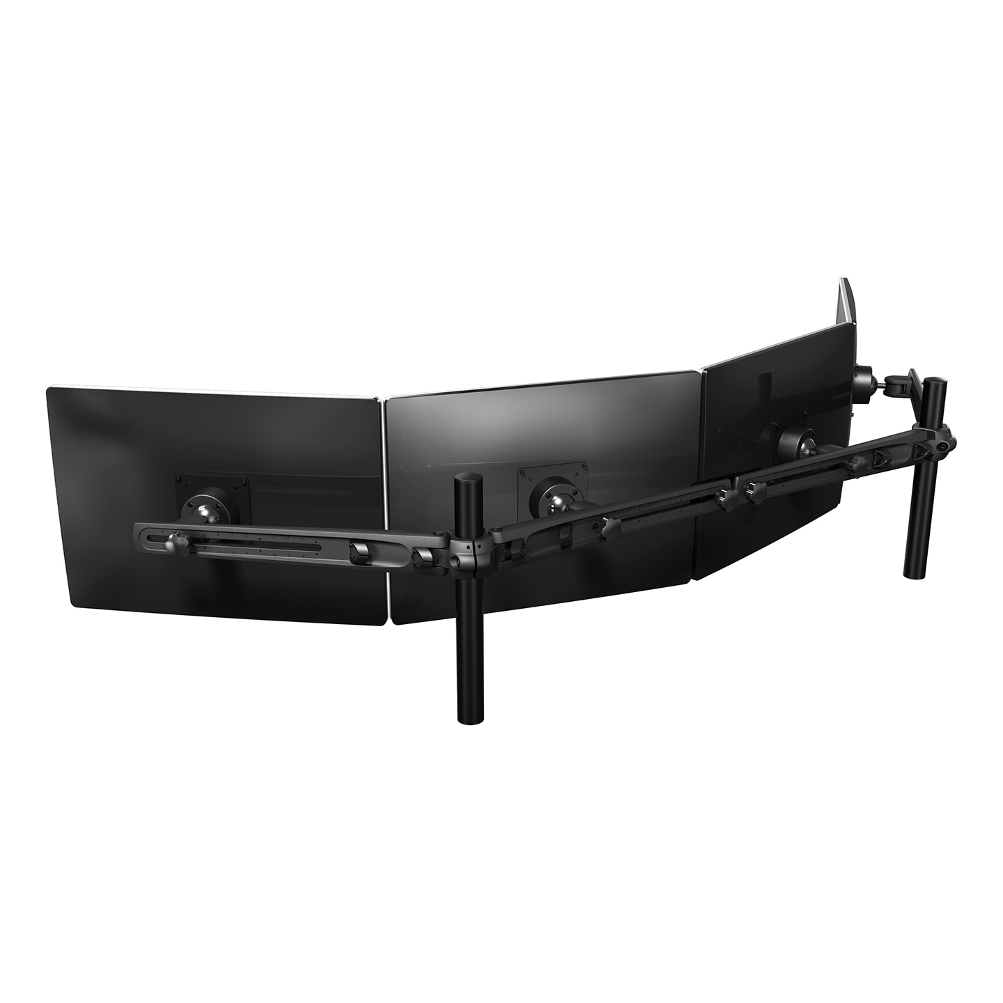 53.443 This model mounts 4 monitors in a row. Like on all other winged multi-monitor systems, each monitor can be adjusted individually. Cable management in the wings tidies up all cables, resulting in an impressive, curved set-up.
