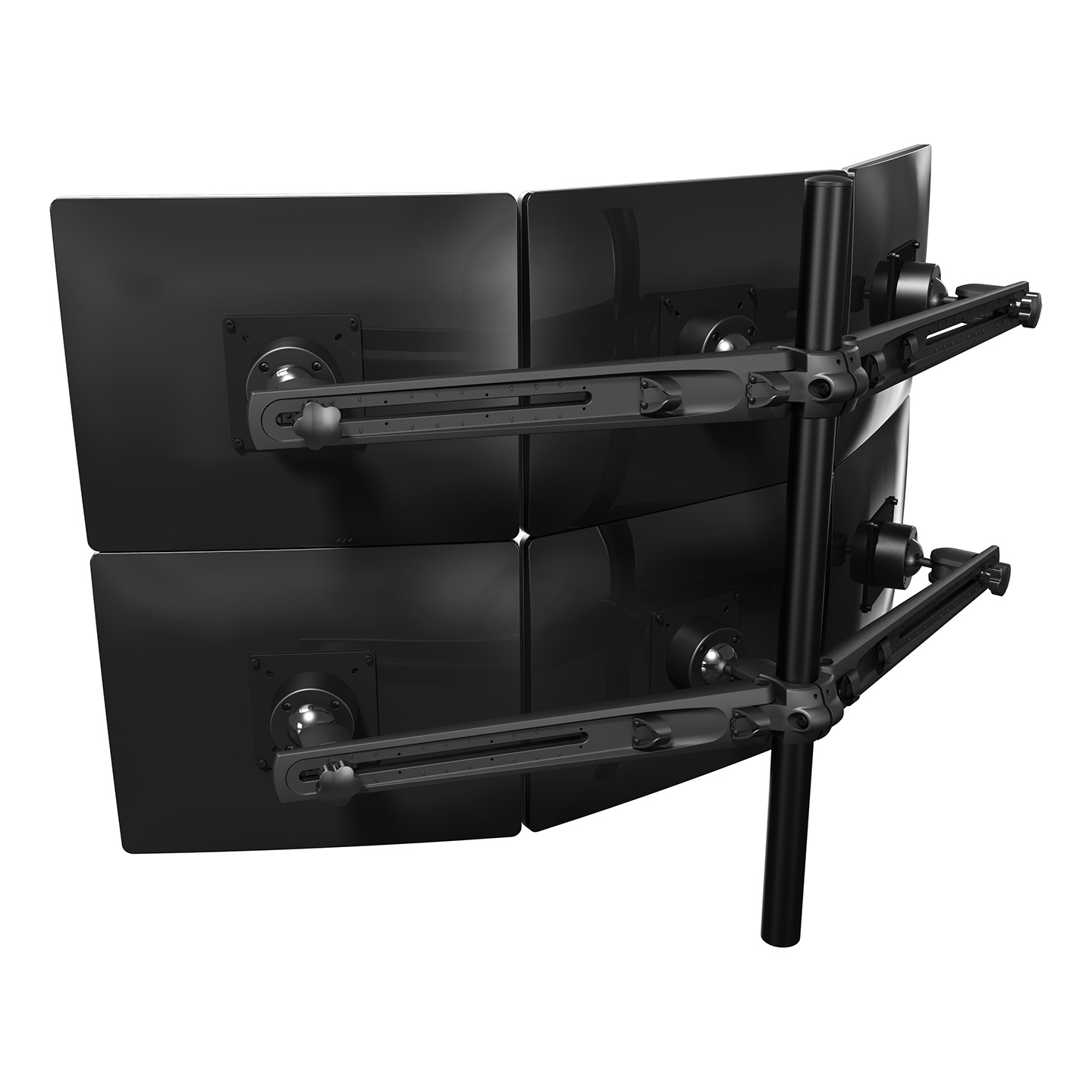 53.633 This model mounts a total of 6 monitors. Like on all other winged multi-monitor systems, each monitor can be adjusted individually. Cable management in the wings tidies up all cables, resulting in an impressive, curved monitoring workstation.