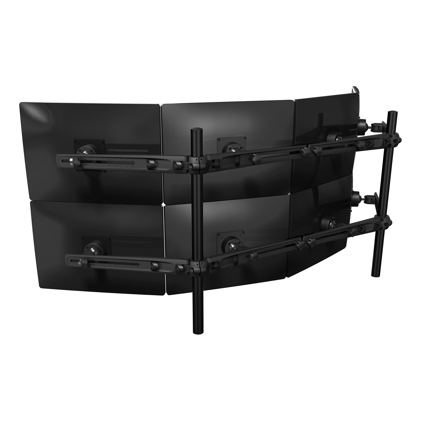 53.843 Designed for the financial and security sector where people need to observe many data feeds simultaneously. This multi-monitor system can hold up to 8 monitors and position them to make a completely flat display wall, or curved monitoring workstation.