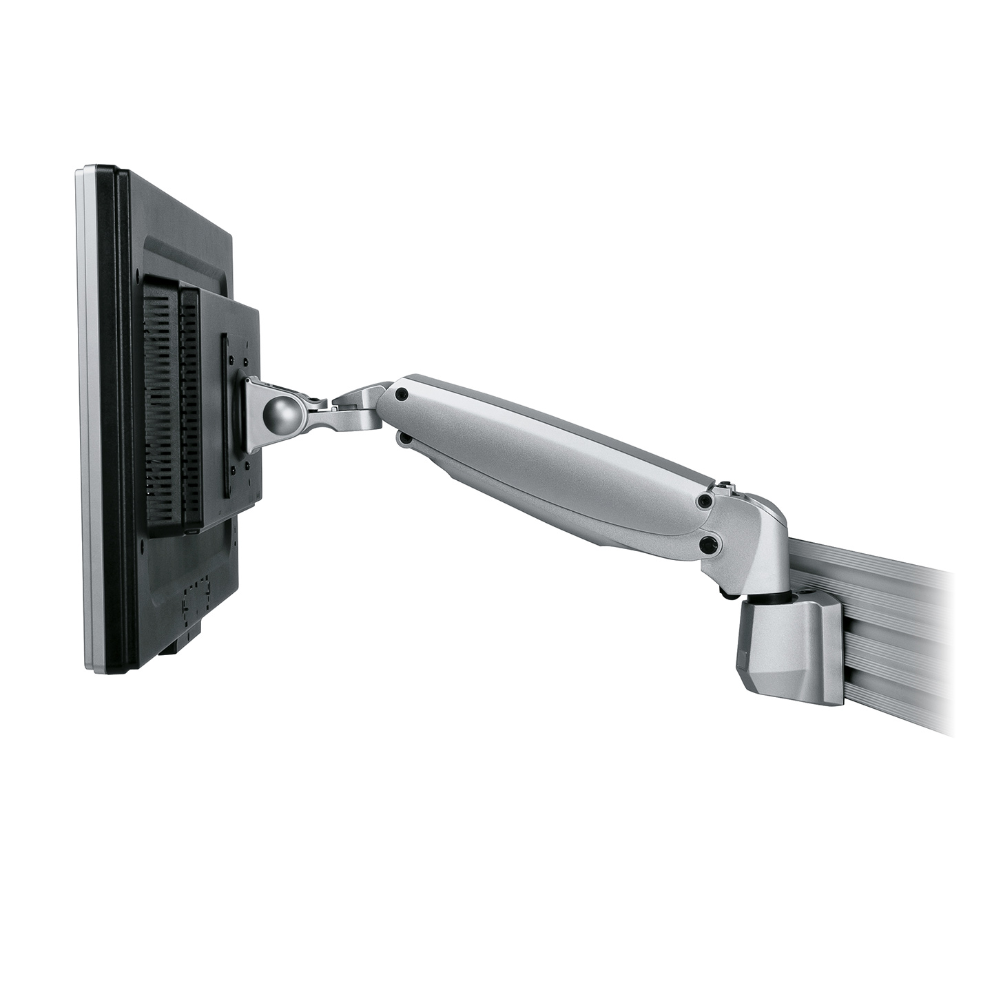 57.110 A high-end design that mounts heavier monitors to a slat rail or toolbar. The clamping mechanism can be tightened or loosened simply by adjusting a screw on top. Tilt, swivel, rotate and smoothly adjust your monitor in height using just your fingertips to set it into an ergonomic position.