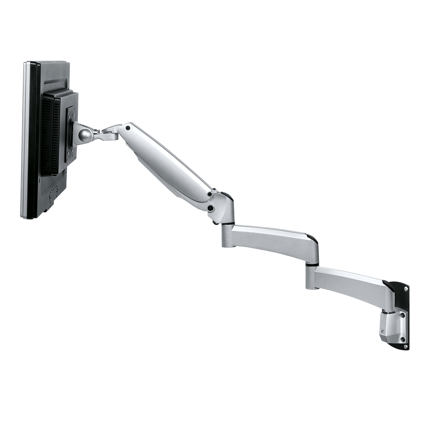 57.282 Remarkably long reach and dynamic height adjustability with fingertip sensitive balance make it easy to find the optimal ergonomic position across even a large area. The folding extensions keep things compact when needed and cables are easily guided along the arm's extensions to create a tidy, professional impression.